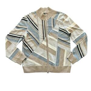 St. John Sport Zip Front Knit Jacket Neutral Stripe Wool Blend Women’s MEDIUM